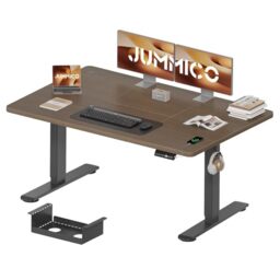 JUMMICO 140 x 70 cm Electric Standing Desk with USB Charging, Sedentary Reminder Height Adjustable Standing Desk, Sit Stand Desk, Adjustable Desk Stand Up Desk for Home Office, Walnut Brown & Black