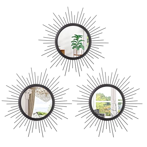 3 Pack Black Metal Sunburst Wall Mirrors - Modern Bohemian Home D??cor Art for Bedroom, Bathroom, Living Room, Entryway - Small 12'' Hanging Decorative Mirrors