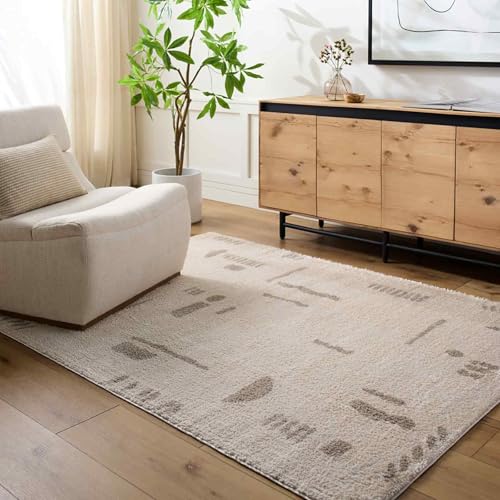 Livabliss Soline Crampel Shaggy Design – Modern Berber Style Living Room 200x275 cm, Soft Fluffy Bedroom Use, Neutral Boho Look, Plush Thick Pile, Light Beige Medium Grey