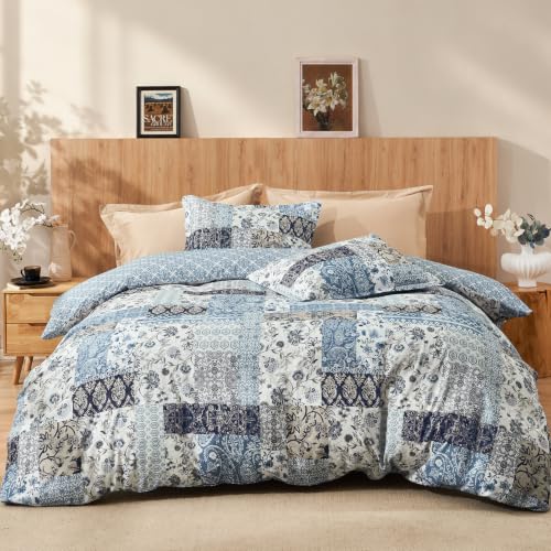 "PHF Ultra Soft Floral Duvet Cover Twin Size, 68""x90"", Blue - Printed boho Bedding Set 2 Pieces, Comfy Farmhouse Reversible Paisley Pattern Duvet Cover Set with 1 Pillow Shams and 6 Ties"