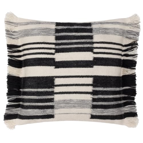 Yard Torode Feather Filled Cushion (Black - 45x45cm) - Woven Striped Textured Fringed Trim Relaxed Boho Decorative Pillow