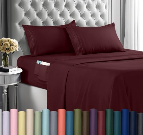 Utopia Bedding Queen Sheet Set – Soft Microfiber 4 Piece Luxury Bed Sheets with Deep Pockets - Embroidered Pillow Cases - Side Storage Pocket Fitted Sheet - Flat Sheet (Red Burgundy)