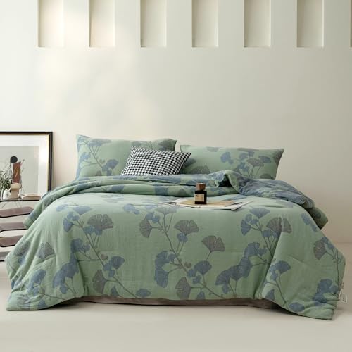 "Purefair 100% Cotton Muslin Jacquard Comforter Set, Floral Ginkgo Leaves Print, Soft Lightweight Reversible 3 Piece Bedding Sets for All Season, Green Blue, Full/Queen(90""x90"")"