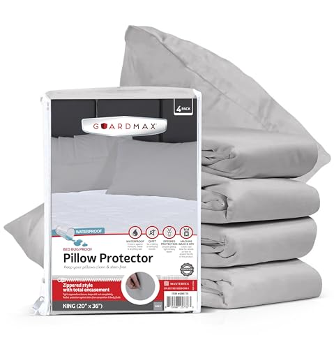 Guardmax Jersey Knitted Pillow Protector with Zipper King Size - 4 Pack - 100% Waterproof, Bed Bug Proof, Dust Mite Proof, & Hypoallergenic Pillow Covers - Premium Zippered Pillow Cases. (20 X 36)