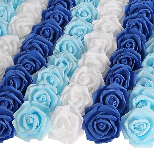 INSUNSIX 200pcs Blue Artificial Rose Flower Heads, 3inch White Foam Roses Bulk Stemless Fake Flower Heads for DIY Crafts,Cake Decoration Wedding,Baby Shower Flower Centerpieces(Shades of Blue)