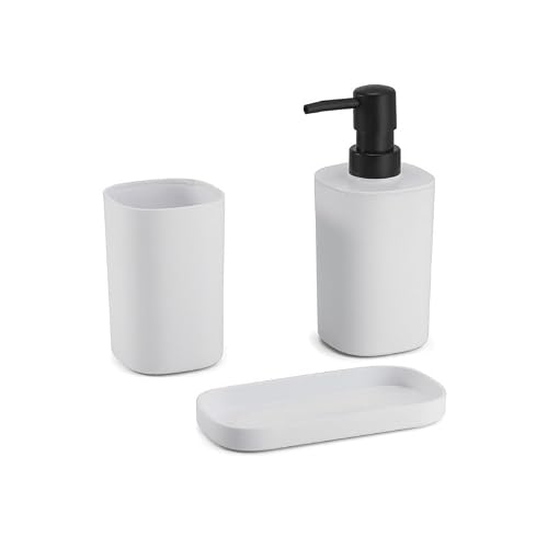 MSV Bad Accessories Lona Soap Dispenser/Soap Dish/Toothbrush Tumbler Set of 3 Matt White