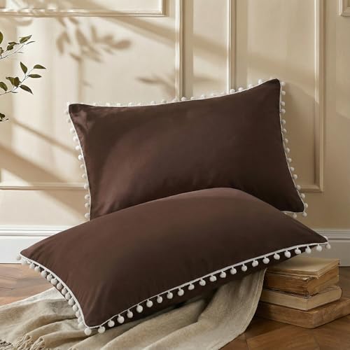 Chocolate Pom Poms Pillow Cases, Boho Pillowcases Set of 2, 100% Soft Washed Microfiber, Dark Brown Pom Poms Pillow Shams King, 2 Pack
