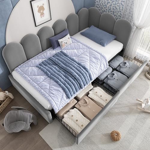 Ball & Cast Day Bed, 3ft Upholstered Single Bed Frame with Storage Drawers, Velvet Sofa Bed for Adults & Children, 90x190cm, Grey, (No Mattress)