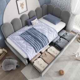 Ball & Cast Day Bed, 3ft Upholstered Single Bed Frame with Storage Drawers, Velvet Sofa Bed for Adults & Children, 90x190cm, Grey, (No Mattress)