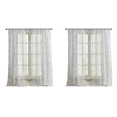 Laura Ashley Barnette Window Curtains with Rod Pocket, 84-inch Length, 4 Panels Set, Semi-Sheer Light Filtering, Blue