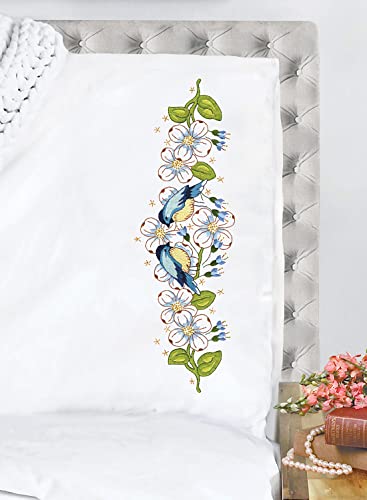 Tobin Stamped for Embroidery Pillowcases, Polyester Cotton, Blue Birds, Standard