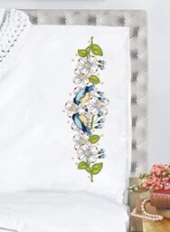 Tobin Stamped for Embroidery Pillowcases, Polyester Cotton, Blue Birds, Standard