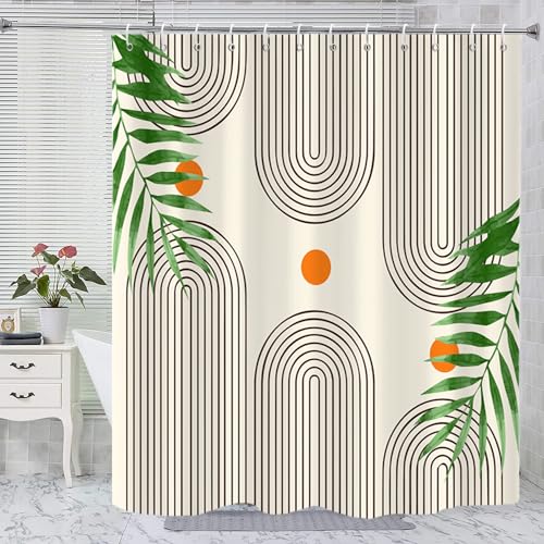 GKLEASG Boho Shower Curtain, Mid Century Modern Green Leaf Sun Abstract Beige Machine Washable Waterproof Fabric for Bathroom Decor Bathtub with Hooks 72x72