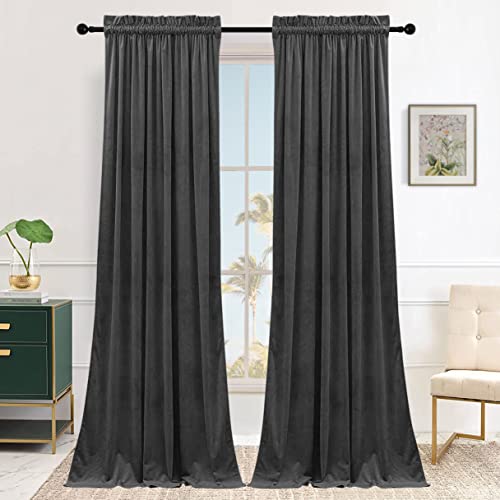 SMILETIME Dark Grey 108in Long Velvet Curtains with Rod Pocket Thermal Insulated Soft Privacy Light-Filtering Velvet Drapes for Bedroom and Living Room, Set of 2 Panels, 52 x 108 Inches Long