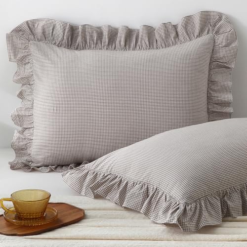 Aryeleay 2 Pack Taupe White Plaid Gingham Ruffle Pillow Shams Standard Size 20x26 inches, 100% Washed Cotton Checkered Farmhouse Pillow Covers for Bed/Sofa (20x26 inches,Taupe/White Plaid)