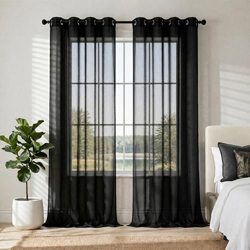 Mrs.Naturall Black Sheer Curtains 96 Inches Long for Living Room Set of 2 Panels Grommet Sheer Window Curtains for Bedroom 52x96 Inch Length