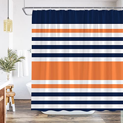 QWRSMYX Navy Blue Orange Shower Curtain Abstract Geometric Stripe Modern Contemporary Simple Fashion Boho Mid Century Bathroom Set Bathtub Accessories Polyester Fabric with Hooks 70Wx70H Inch