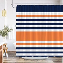 QWRSMYX Navy Blue Orange Shower Curtain Abstract Geometric Stripe Modern Contemporary Simple Fashion Boho Mid Century Bathroom Set Bathtub Accessories Polyester Fabric with Hooks 70Wx70H Inch