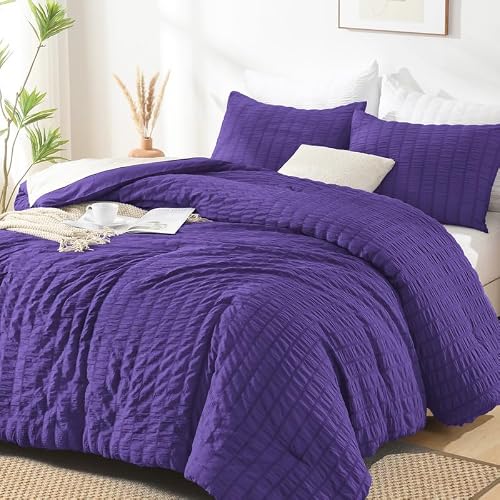 AveLom Dark Purple Seersucker Twin Comforter Set (68x90 inches), 2 Pieces-Soft Washed Microfiber Lightweight Comforter with 1 Pillowcase, All Season Down Alternative Comforter Set for Bedding