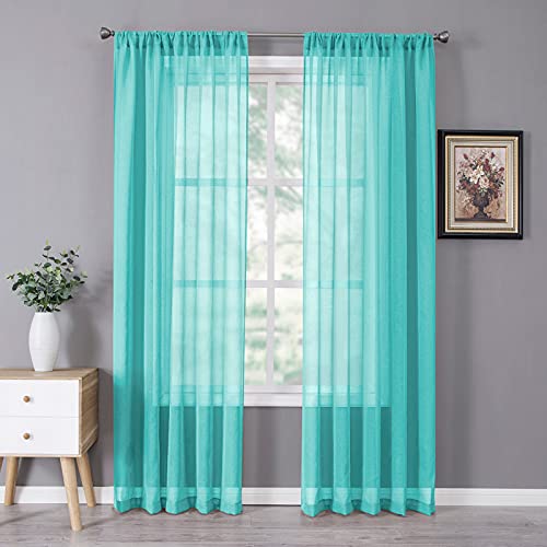 Tollpiz Sheer Curtain Linen Textured Living Room Curtains Sheer Light Filtering Rod Pocket Voile Curtain for Bedroom, 54 x 72 inches Long, Aqua Blue, Set of 2 Panels