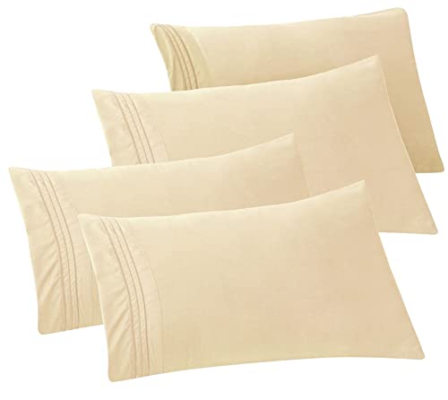 Elegant Comfort 4-PACK Solid Pillowcases 1500 Premium Hotel Quality Microfiber - Smooth Weave, Wrinkle and Stain Resistant, Easy Slip-On, 4-Piece Set, Standard/Queen Pillowcase, Cream