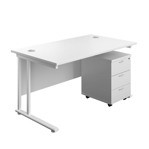 Office Hippo Heavy Duty Rectangular Cantilever Office Desk, Home Office Desk With 3 Drawer Lockable Mobile Pedestal Cabinet, File Cabinet, 5 Yr Wty, White Frame, White, 140 x 80 cm