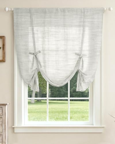 "LazBlinds Tie Up Curtains, Linen Balloon Roman Shade, 34""Wx47""L, Light Grey - Privacy Thermal Insulated Bathroom Window Curtain, Adjustable Rod Pocket Drape for Kitchen, Living Room, Bedroom"