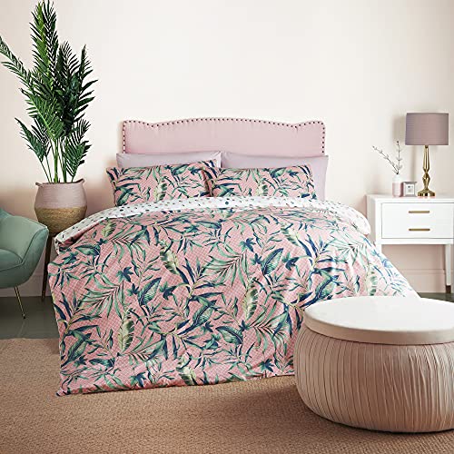 Cosmopolitan Dakota Reversable Leaf Print Duvet Set Super Soft Easy Care Designer Duvet Cover Quilt Bedding Set - Super King (220 cm x 260 cm) + 2 Matching Pillowcase, 541794GE