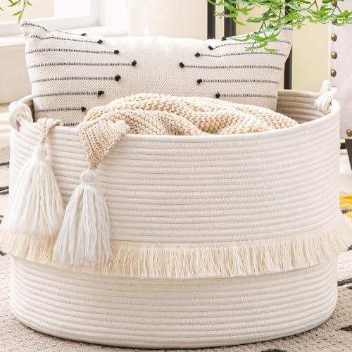 "KAKAMAY Large Blanket Basket (20""x13""),Woven Baskets for storage Baby Laundry Hamper, Cotton Rope Blanket Basket for Living Room, Laundry, Nursery, Pillows, Baby Toy chest (White)"