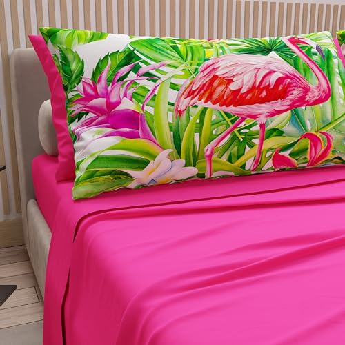 PETTI Artigiani Italiani - Cotton Sheets with Pillowcases in Digital Print, French Queen, Top and Bottom Sheet Set with Corners, Flamingo Fuchsia, 100% Made in Italy