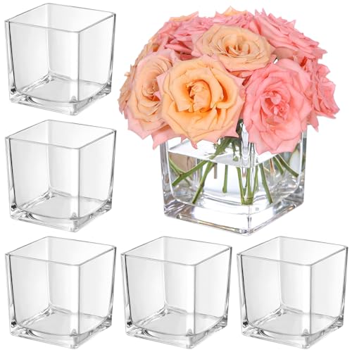 "KEYWING 6 Pack Square Glass Vase 5"" x 5"" x 5"", Clear Flower Vases for Centerpieces, Square Flower Vase Candle Holder for Wedding, Party, Home Office Decoration"