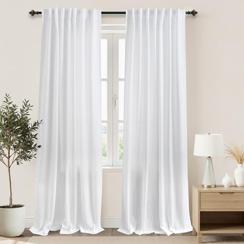 KOUFALL 90 Inch Curtains for Living Room,Sheer White Long Light Filtering Semi Privacy Polyester, Linen Curtain Drapes for Bedroom,90 in Length 2 Panels Set
