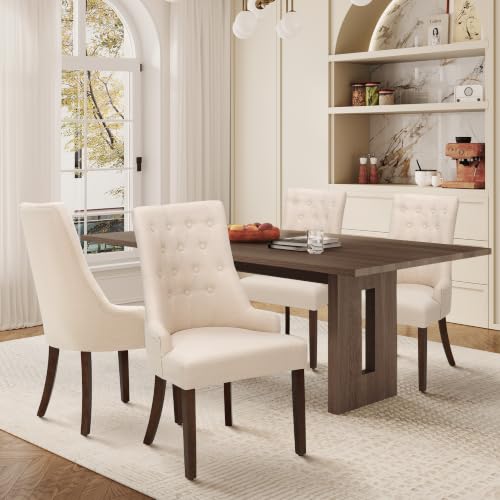 MALOL Upholstered Dining Chairs Set of 4, Wingback Dining Room Chairs with Tufted Button, High Back Kitchen Chairs with Solid Wood Legs, Thick Seat Cushion, Anti-Slip Pads, Beige