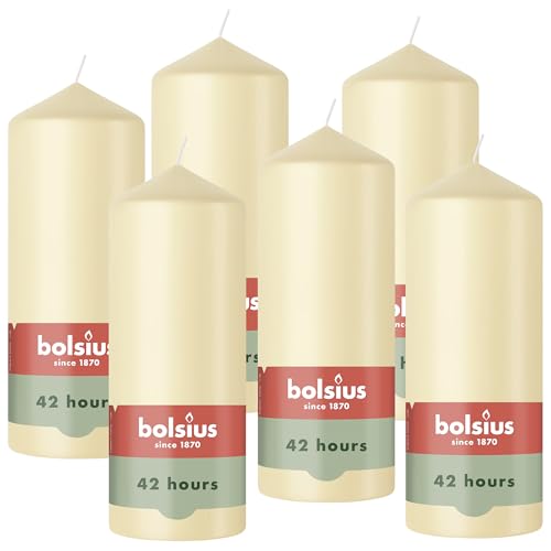 Bolsius - Pillar Candle - Beige - 15cm - 6 Pieces - Burning time 42 Hours - Natural Vegetable Wax - Palm Oil Free.