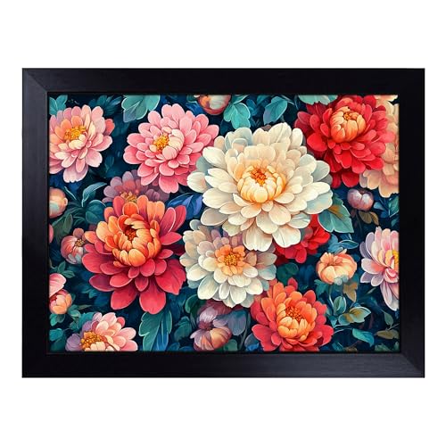 Lap Tray with Bean Bag Cushion, Chrysanthemum Flowers - Handmade in the UK, Raised Wooden Edge, Padded Cushion, Heat-Resistant Wipe-Clean Surface, for Meals, Laptops and Crafts