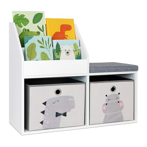 Relaxdays children's bench with storage, HWD: 72 x 79 x 31 cm, 2 foldable boxes, bookshelf, padded seat, white/grey