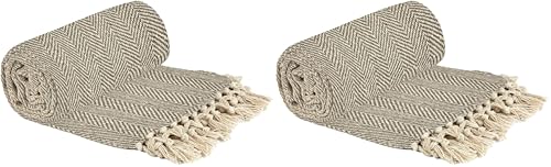 Emma Barclay Herringbone - Recycled Cotton Patterned Chair Sofa Setee Bed Throw Over Blanket in Natural - 50x60 (127x152cm) (Pack of 2)