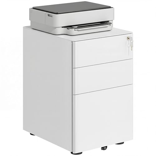 Vinsetto 3-Drawer Mobile Filing Cabinet, Steel Lockable File Cabinet for A4, Legal, Letter, Compact Under Desk Storage, Pre-Assembled Body, Hanging File Folders for Home Office, 39 x 48 x 59cm, White