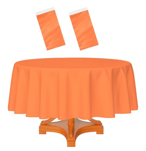 HEIPINIUYE 2 Pack Orange Tablecloth Round 84 Inch Round Plastic Table Cloth Waterproof Disposable Round Table Cover for Party Birthday Camping Picnic Baby Shower Circle Tablecloth