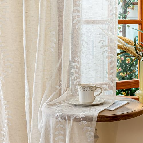 AmHoo 2 Panels Linen Leaf String Floral Embroidered Semi Sheer Curtain Farmhouse Voile Curtains for Living Room Bedroom Window Treatment White 52 x 63 Inch