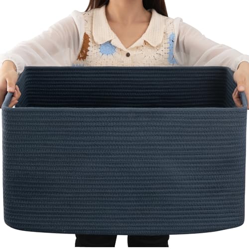 OIAHOMY 75L Large Rectangular Blue Cotton Rope Storage Basket, 22”x17”x12”, Living Room, Nursery, Blanket Basket with Handle