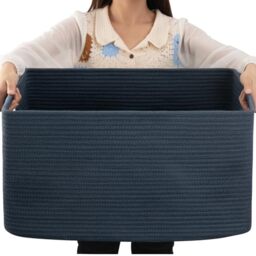 OIAHOMY 75L Large Rectangular Blue Cotton Rope Storage Basket, 22”x17”x12”, Living Room, Nursery, Blanket Basket with Handle