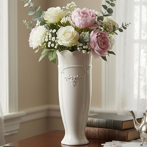 hjn White Ceramic Vases Flower Vase Design for Home Décor (Medium inch- 7.3Wx5.5Dx9H)