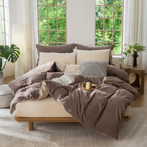 BDEAR Vintage Linen Feel Super Queen Size Percale Duvet Cover Set 98x90 inch Double Sided Reversible 100% Washed Cotton Duvet Cover Plus 2 Pillowcases, Light Chocolate Brown Plus Sandy Beige