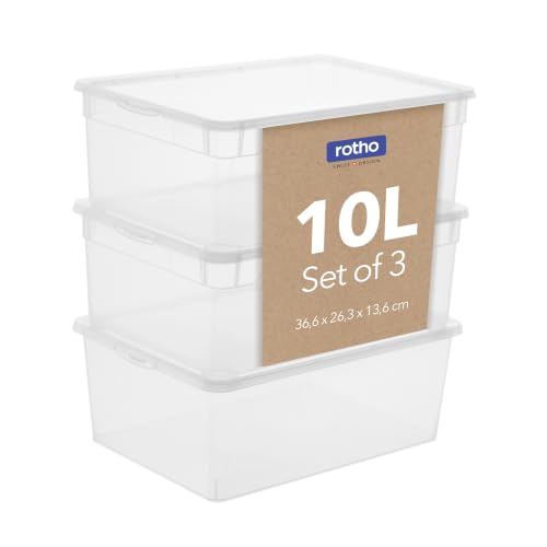 Rotho Clear Storage Boxes with Lids Set of 3 x 10 L Stackable Transparent - Toy Storage With a 3-Piece Toy Box Set, 10 L Lidded Boxes, Transparent Design, Stackable for Neat Cupboards, PP Construction