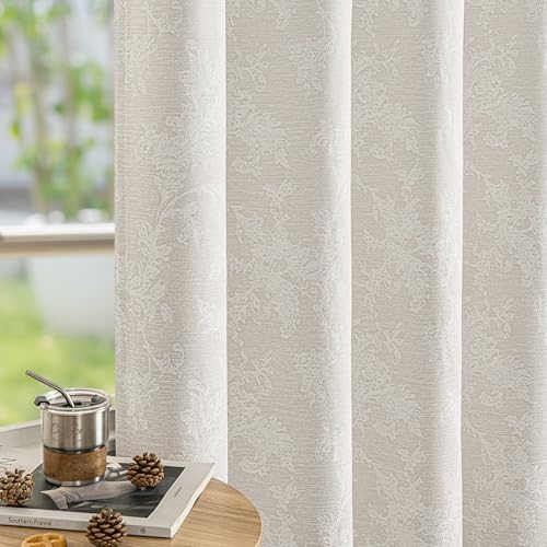 FMFUNCTEX Beige Floral Jacquard Blackout Curtains 63 Inch Bedroom 2 Panels - Grommet Top, Living Room, Farmhouse Chenille Scroll Flower Drapes, Thermal Insulated, Room Darkening, Noise Reduction