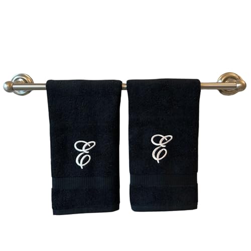 Black Monogrammed Hand Towels for Bathroom - Luxury Hotel Quality Personalized Initial Embroidered Towel for Powder Room, Spa - GOTS Organic Certified - Set of 2 White Letter E