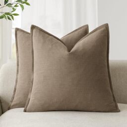 Foindtower Pack of 2, Decorative Linen Soild Throw Pillow Covers Soft Accent Cushion Case Boho Farmhouse Pillowcase for Couch Sofa Bedroom Living Room Home Decor 22 x 22 Inch Light Brown