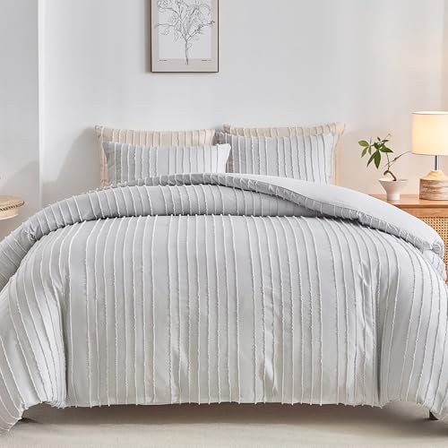 WARMDERN Lightgrey Boho Duvet Cover Full Size, Striped Tufted Bedding Set - 3pcs, Soft Textured, Zipper Closure, 8 Corner Ties, All-Season, Machine Washable, Breathable, Lightweight, Bedroom, Luxury