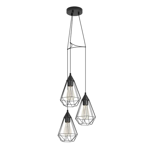 Eglo Tarbes Black Vintage 3-Flame Steel Pendant Light, Dining Room Hanging lamp, Retro/Industrial Design Lighting, E27 Socket, Ø 31 cm/12.2 inches